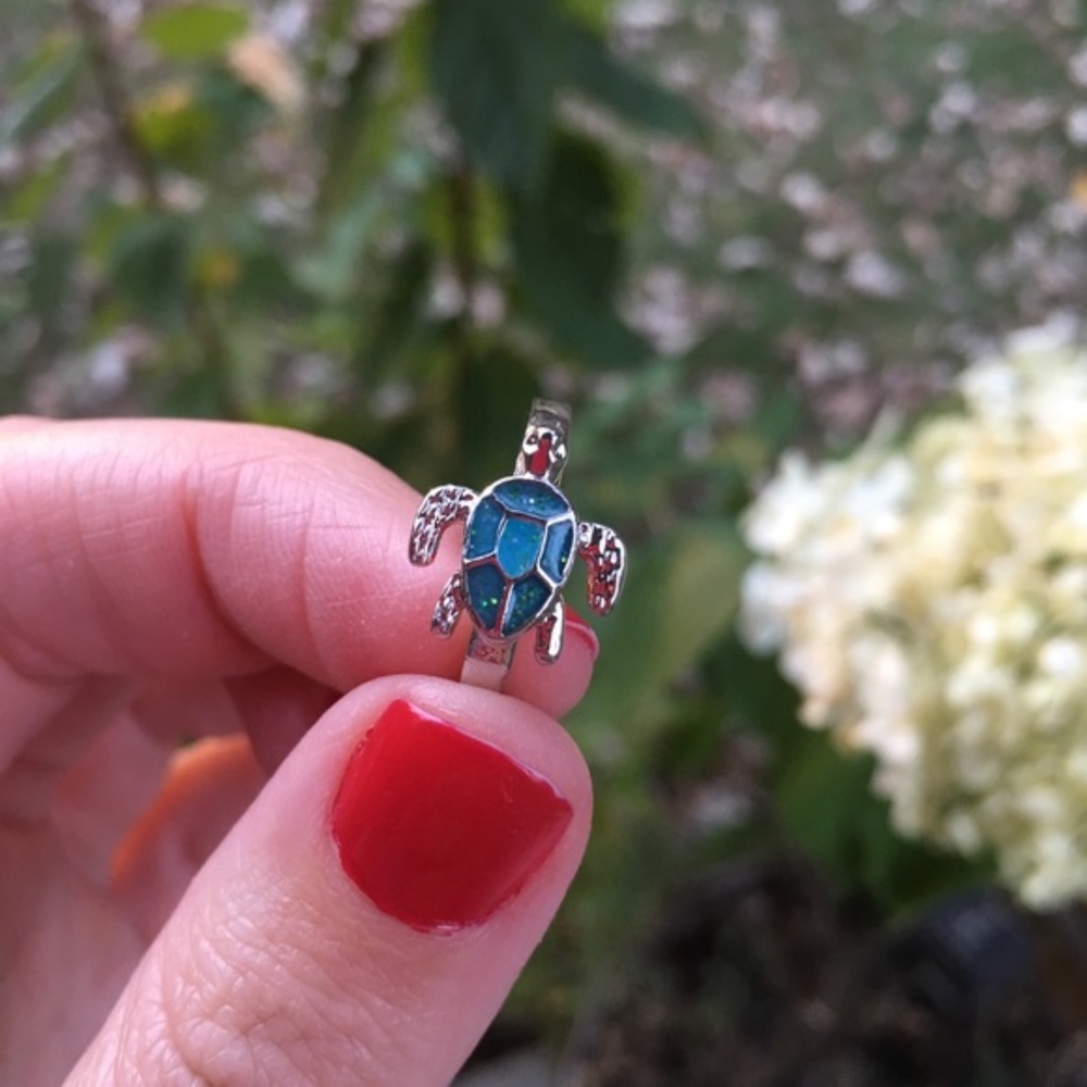 Fire Opal Blue Silver Ring New Turtle - Picture 5 of 5